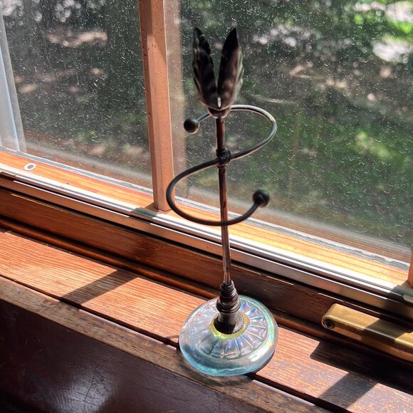 Vtg One-of-a-Kind Metal Earring Holder/Candlestick w/Pale Blue Carved Glass Base - Picture 10 of 10